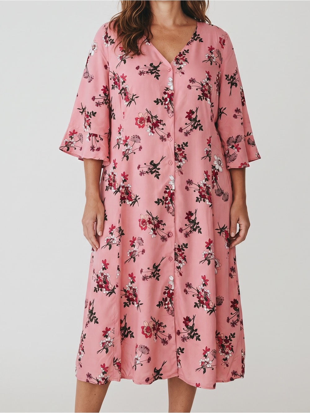 NWOT Woman Within 16W Pink Floral Midi Dress Romantic Cottagecore Bell Sleeve